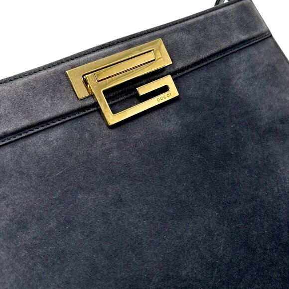 GUCCI Vintage G Square Logo Shoulder Bag Handbag Black Gold Suede [105633] - Picture 11 of 13